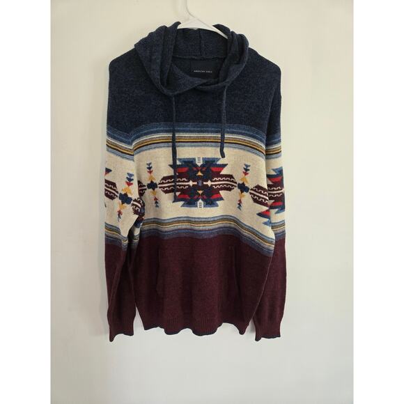 American Eagle sweater men's L Wool Blend Hoodie Southwest Print Knit Blue Aztec - Picture 1 of 4